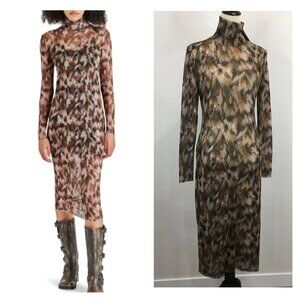 NWT STEVE MADDEN Oak Buff VIVIENNE Turtleneck Sheer Stretchy Mesh Midi Dress